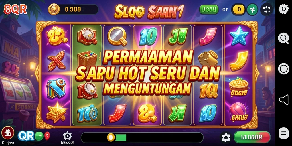Screenshot gameplay 8QR yang menampilkan mesin slot yang penuh warna.