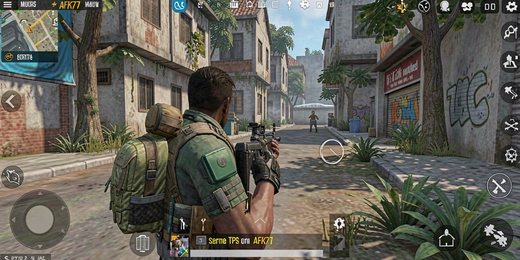 Tangkapan layar utama AFK77 menampilkan pertempuran intens dalam game TPS.