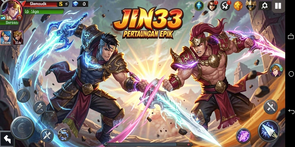 Screenshot utama menunjukkan karakter-karakter sedang bertarung di arena.